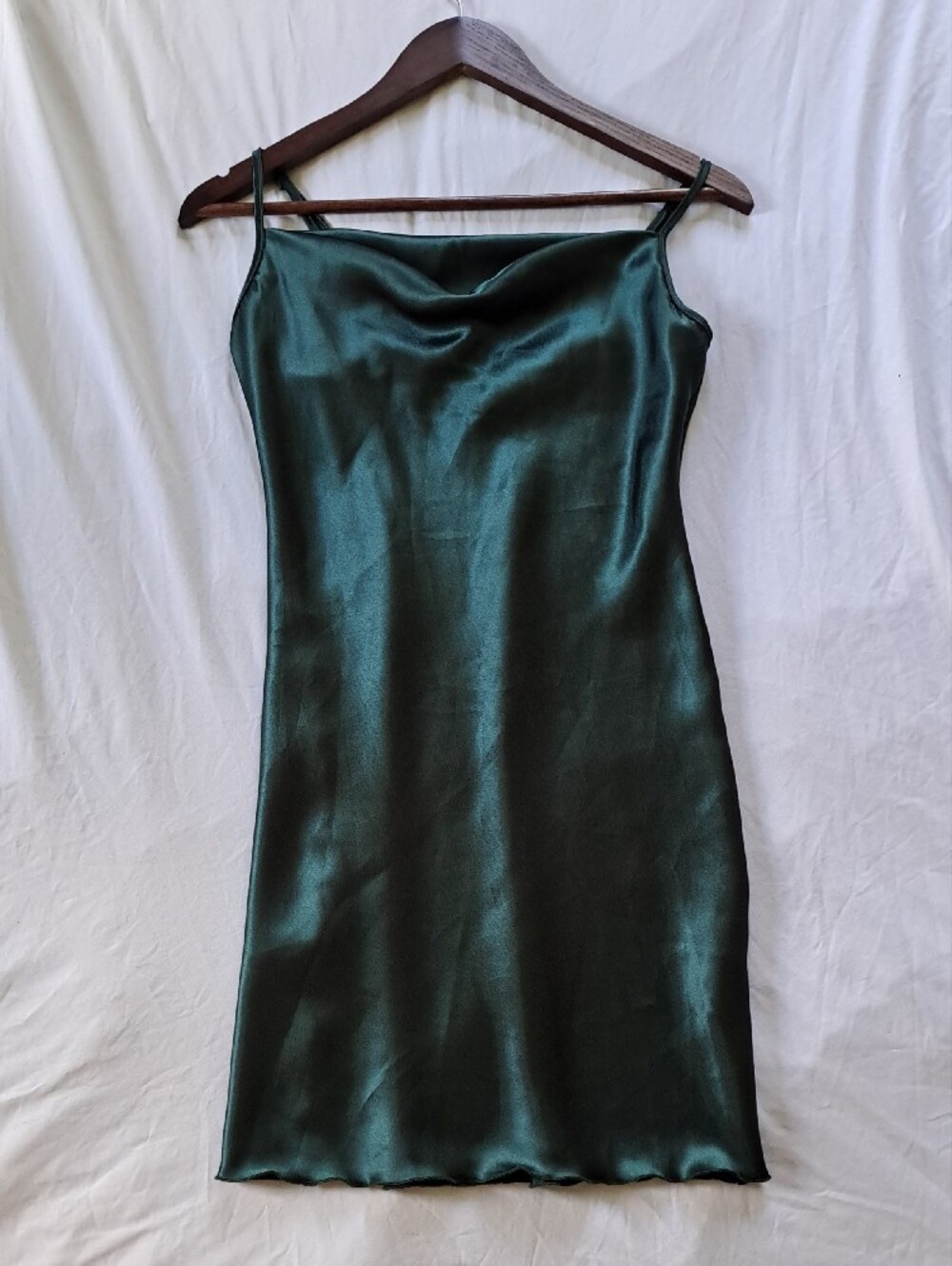Emerald Green Satin Slip Dress with Small Cowl Neck And Subtle Ruffle Hem